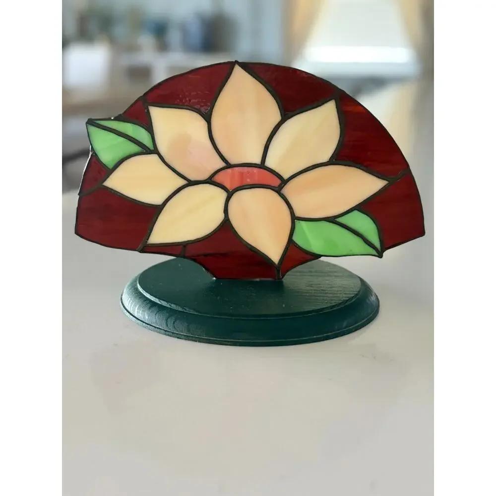 Vintage Stained Glass Flower Panel Wood Stand Tiffany Style Floral Decor